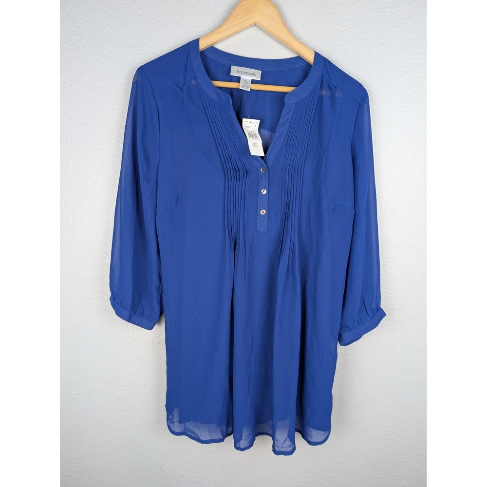 Motherhood Maternity Blouse Womens Large Blue Sheer Tunic Henley 3/4 Sleeve